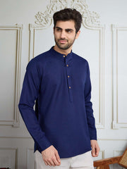 Men Solid Mandarin Collar Roll Up Sleeves Short Kurta