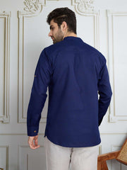 Men Solid Mandarin Collar Roll Up Sleeves Short Kurta