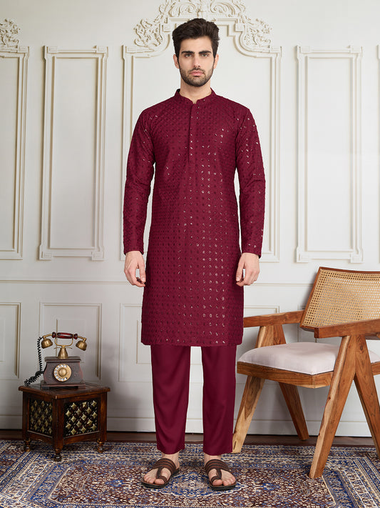 Men Sequined Thread Embroidered Straight Kurta & Trousers Set