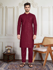 Men Sequined Thread Embroidered Straight Kurta & Trousers Set