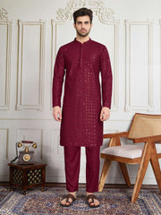 Men Sequined Thread Embroidered Straight Kurta & Trousers Set