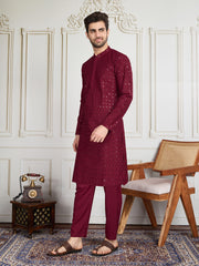 Men Sequined Thread Embroidered Straight Kurta & Trousers Set