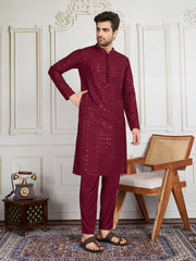 Men Sequined Thread Embroidered Straight Kurta & Trousers Set