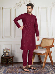 Men Sequined Thread Embroidered Straight Kurta & Trousers Set