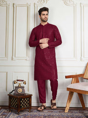 Men Sequined Thread Embroidered Straight Kurta & Trousers Set