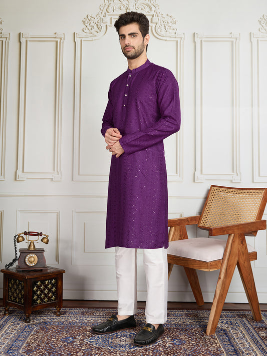 Men Striped Embroidered Kurta with Trousers
