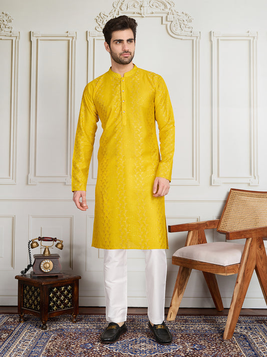 Men Striped Embroidered Kurta with Trousers