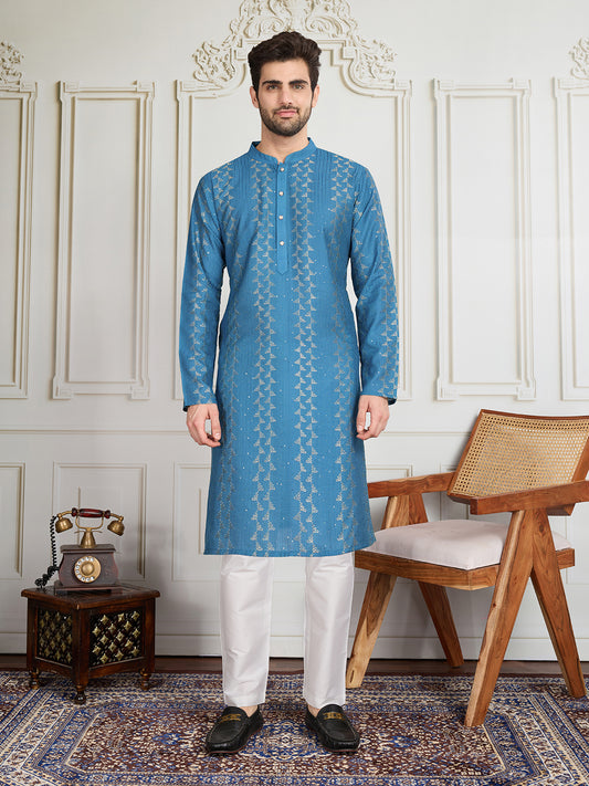 Striped Sequinned Embroidered Straight Kurta With Trousers