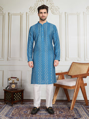 Striped Sequinned Embroidered Straight Kurta With Trousers