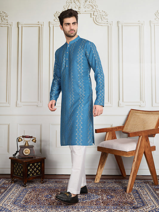Striped Sequinned Embroidered Straight Kurta With Trousers