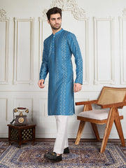 Striped Sequinned Embroidered Straight Kurta With Trousers