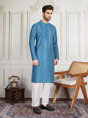 Striped Sequinned Embroidered Straight Kurta With Trousers