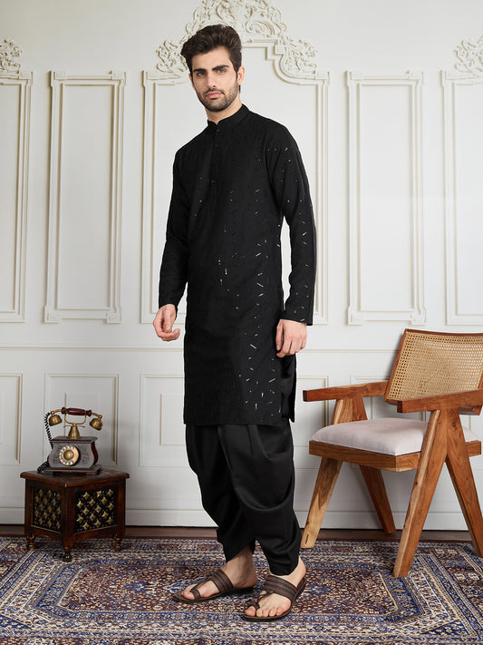 Men Sequinned Embroidered Kurta With Dhoti Set