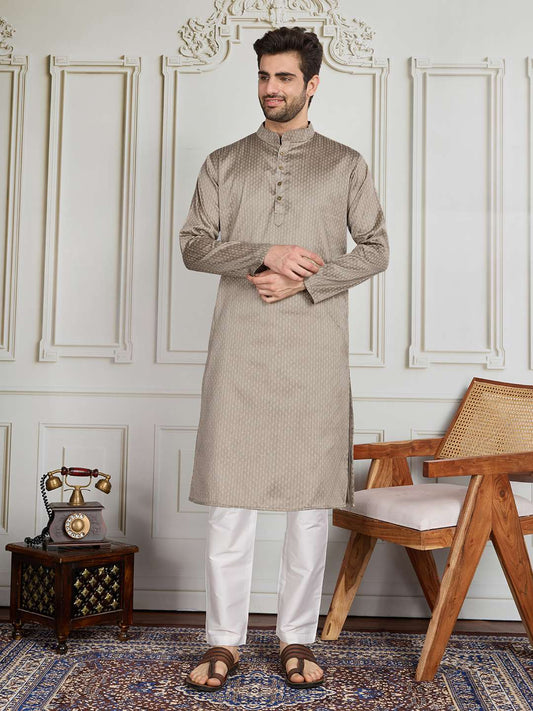 Woven Design Mandarin Collar Straight Kurta & Trouser