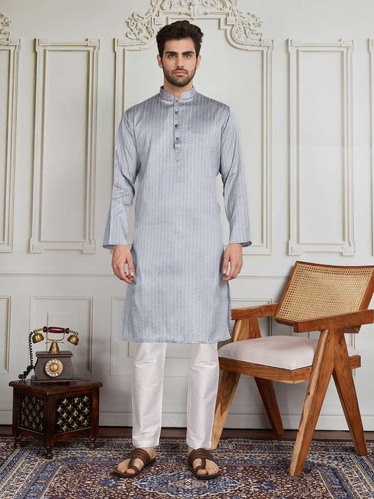 Floral Woven Design Mandarin Collar Straight Kurta & Trouser
