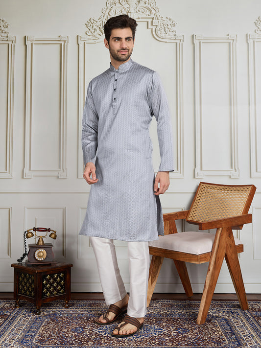 Floral Woven Design Mandarin Collar Straight Kurta & Trouser