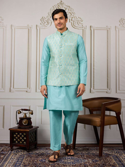 Woven Embroidered Kurta & Trousers With Nehru Jacket