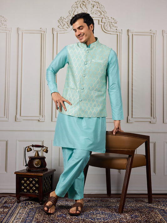 Woven Embroidered Kurta & Trousers With Nehru Jacket