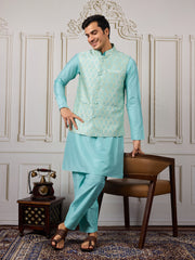 Woven Embroidered Kurta & Trousers With Nehru Jacket