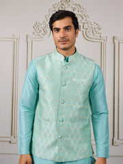 Woven Embroidered Kurta & Trousers With Nehru Jacket