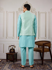 Woven Embroidered Kurta & Trousers With Nehru Jacket