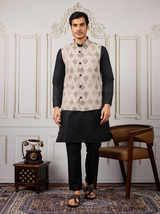 Men Ethnic Woven Design Kurta & Trousers With Nehru Jacket