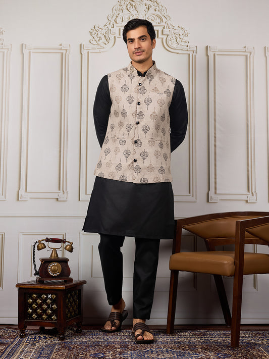 Men Ethnic Woven Design Kurta & Trousers With Nehru Jacket