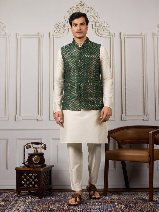 Men Ethnic Woven Design Kurta & Trousers With Nehru Jacket