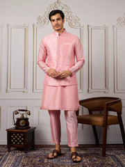 Ethnic Woven Design Kurta & Trousers With Nehru Jacket