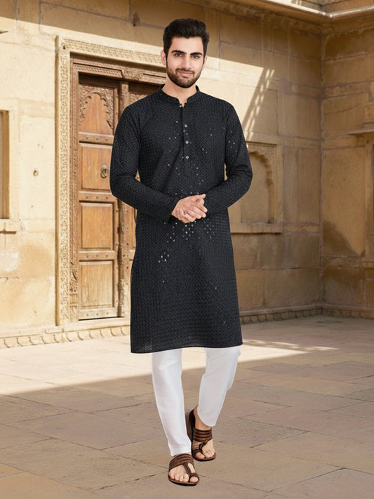 Embroidered Mandarin Collar Kurta & Trousers Kurta Sets