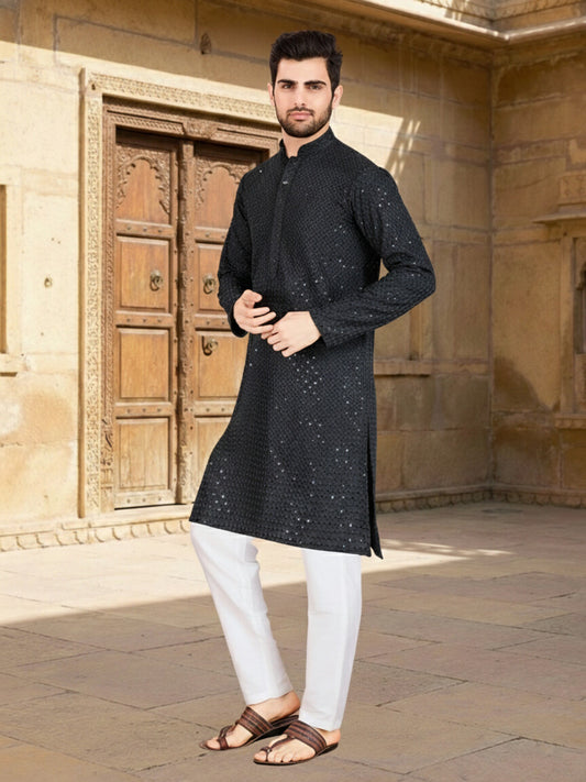Embroidered Mandarin Collar Kurta & Trousers Kurta Sets