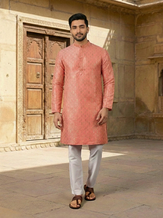Woven Design Mandarin Collar Kurta Sets