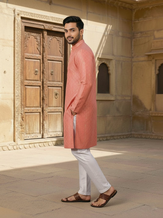 Woven Design Mandarin Collar Kurta Sets