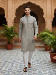 Striped Mandarin Collar Kurta & Trousers