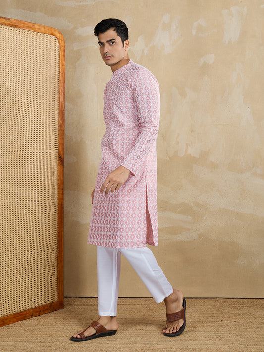 Men Embroidered Mandarin Collar Kurta & Trousers