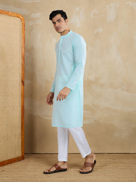Embroidered Cotton Mandarin Collar Calf Length Straight Kurtas