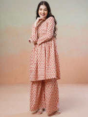 Peach Girls Ethnic Motifs Printed Empire Kurta with Sharara