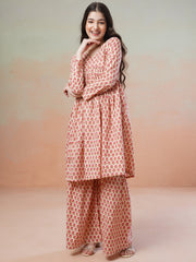 Peach Girls Ethnic Motifs Printed Empire Kurta with Sharara