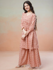 Peach Girls Ethnic Motifs Printed Empire Kurta with Sharara