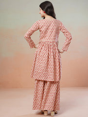 Peach Girls Ethnic Motifs Printed Empire Kurta with Sharara