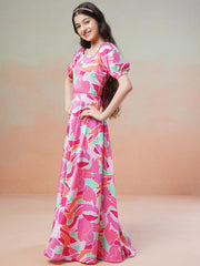 Pink Girls Printed Fit & Flared Maxi Dresses
