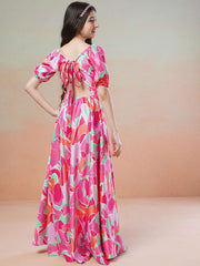 Pink Girls Printed Fit & Flared Maxi Dresses