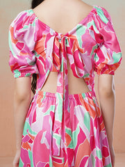 Pink Girls Printed Fit & Flared Maxi Dresses