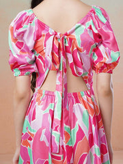 Pink Girls Printed Fit & Flared Maxi Dresses