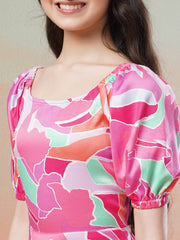 Pink Girls Printed Fit & Flared Maxi Dresses