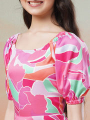 Pink Girls Printed Fit & Flared Maxi Dresses