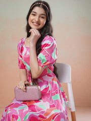 Pink Girls Printed Fit & Flared Maxi Dresses