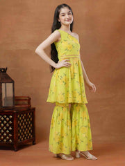 Girls Floral Printed Regular Gotta Patti Kurta with Sharara