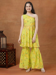 Girls Floral Printed Regular Gotta Patti Kurta with Sharara