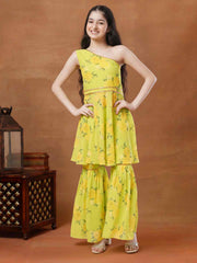 Girls Floral Printed Regular Gotta Patti Kurta with Sharara
